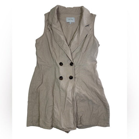 Love Tree Pants - Love Tree Sleeveless‎ Double-Breasted Romper – Size L, Beige Linen Blend